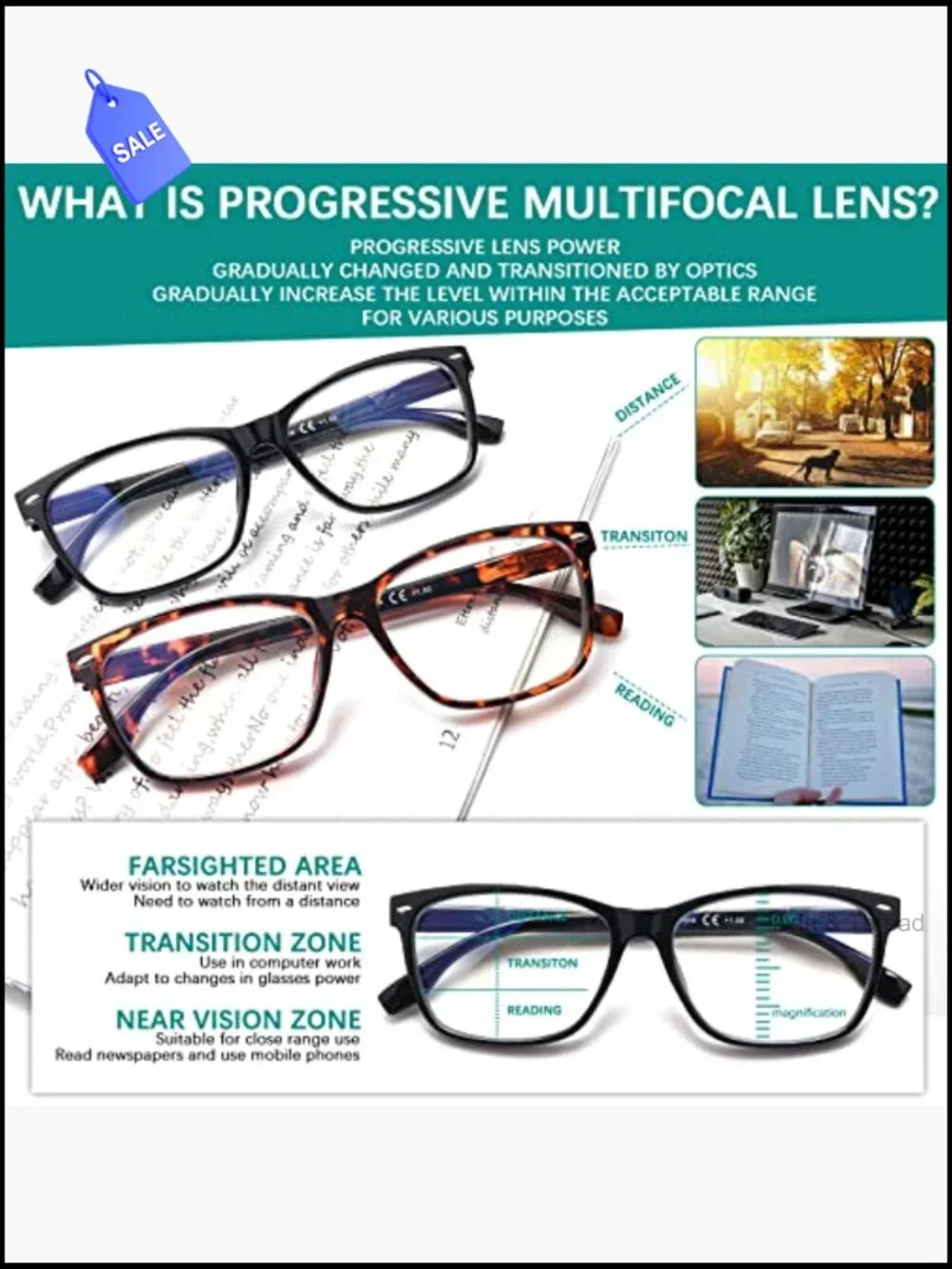 3 Pack Progressive Multifocus Reading Glasses Blue Light Blocking Spring Hinge